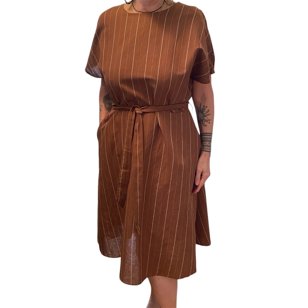 Rust Pinstripe Belted Midi Dress